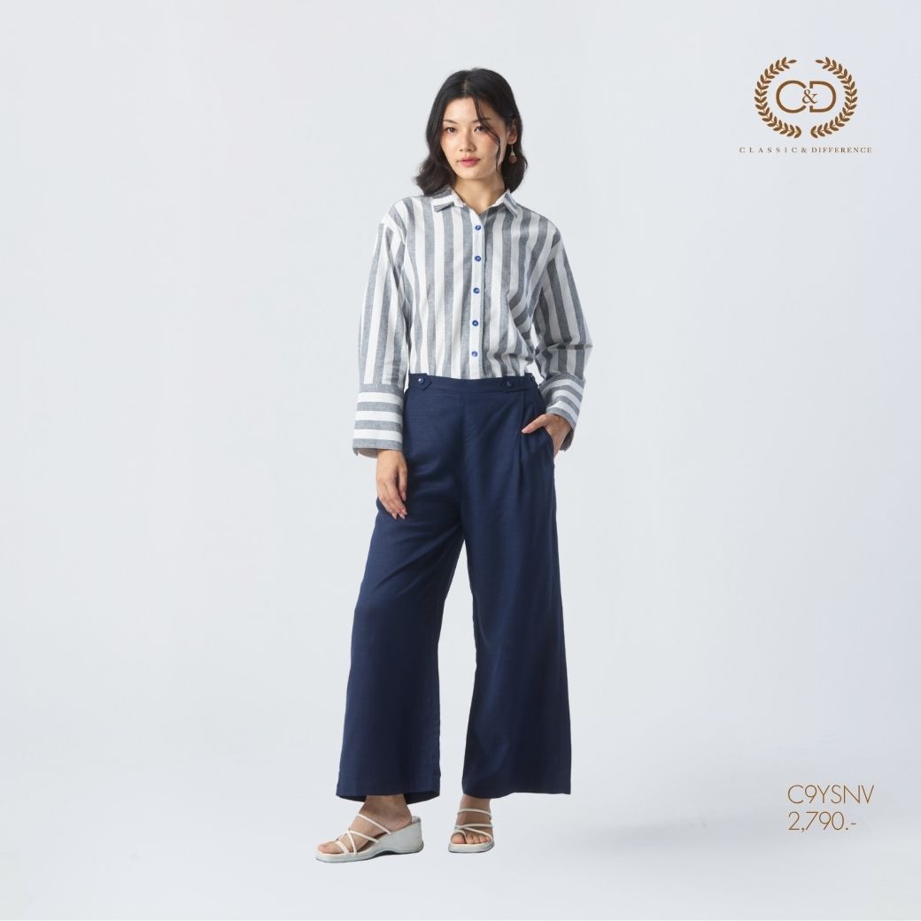 C9YSNV (8) กางเกงขายาวผู้หญิง เต็มตัว ใส่คู่เสื้อลายริ้ว ขากว้าง สีกรมท่า C&D
