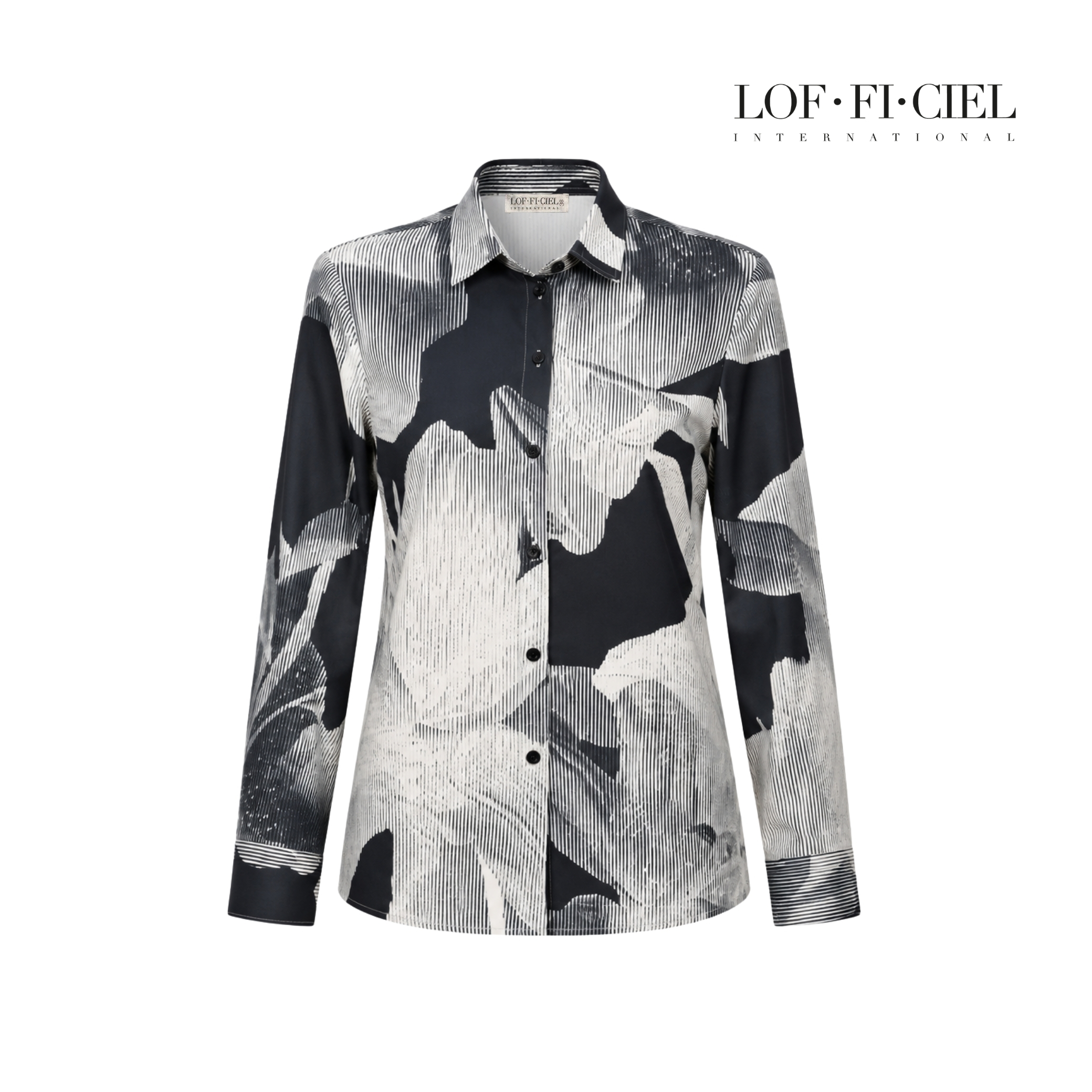 FD23BL เสื้อเชิ้ตผู้หญิง ลายดอกลิลลี่ ผ้าไหมอิตาลี สีดำ LOF-FI-CIEL