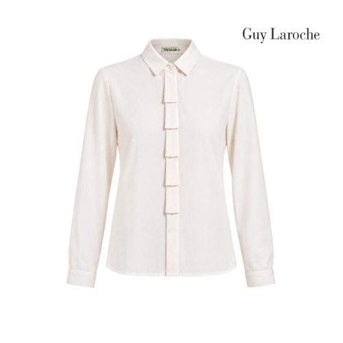 เสื้อเชิ้ตผู้หญิง แขนยาว แต่งโบว์ซ้อน ผ้าชีฟอง สีเบจ GUY LAROCHE