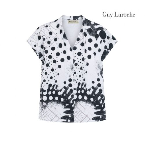 เสื้อคอวีผู้หญิง แขนสั้น ลาย Stardust ผ้าไหมอิตาลี สีขาวดำ GUY LAROCHE