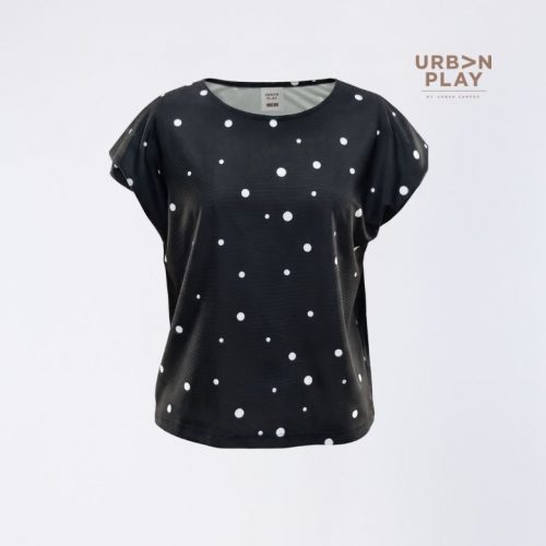 เสื้อยืดผู้หญิง ระยะใกล้ ผ้าตาข่าย ลายจุดขาว สีดำ URBAN PLAY