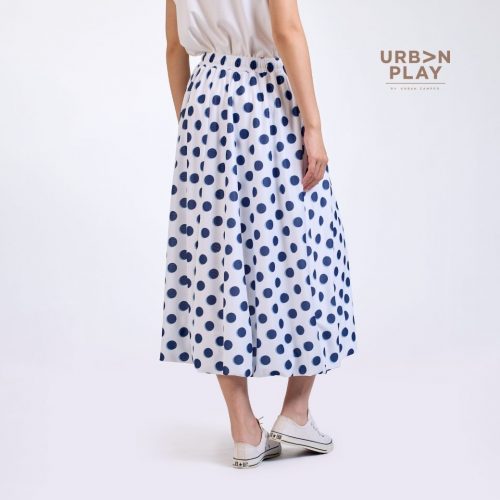 กระโปรงบอลลูน ด้านหลัง เอวยางยืด ลายจุดกรมท่า สีขาว URBAN PLAY