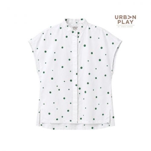 เสื้อคอตั้งผู้หญิง แขนสั้น ลายจุดเขียว ผ้าฝ้าย สีขาว URBAN PLAY